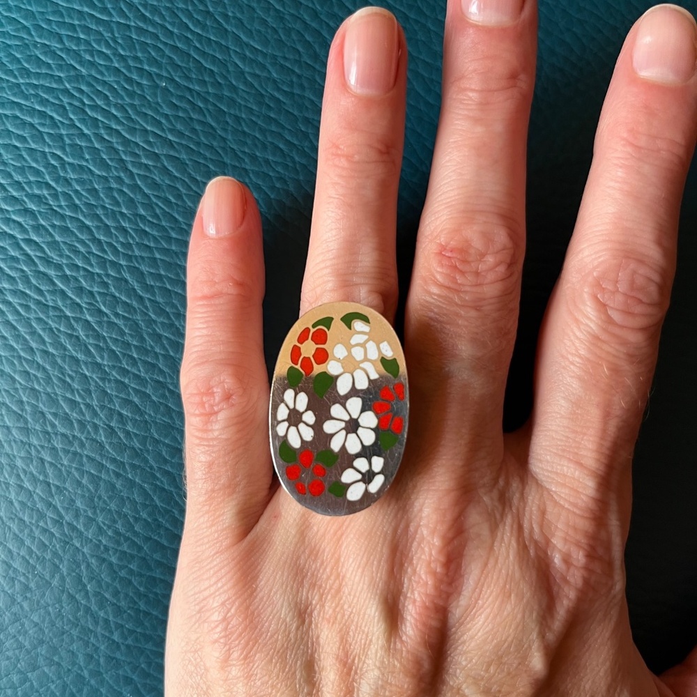 1960s Astrid Fog Georg Jensen MCM Sterling Silver Enamel Ring #165 sz 5.5 - 5.75